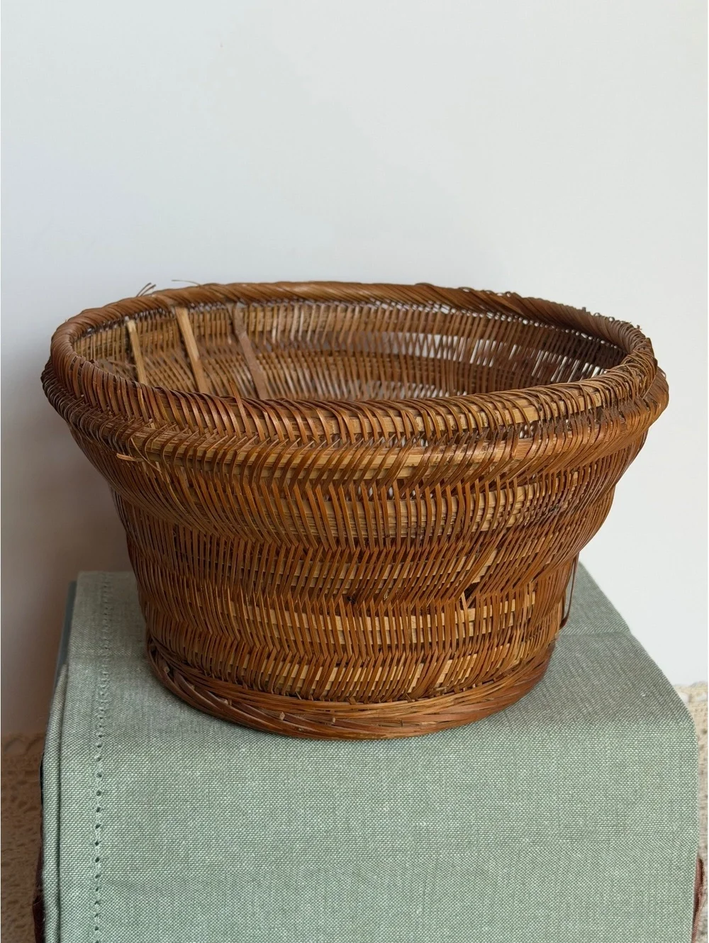 Vintage Chinese Handwoven Bamboo Rattan Basket Kagome Weave Mid Century Decor